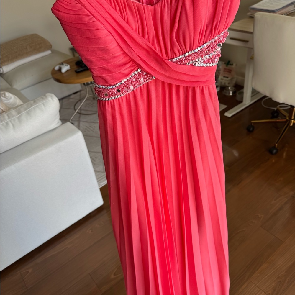 Elegant Coral Gown with Beaded Accents
